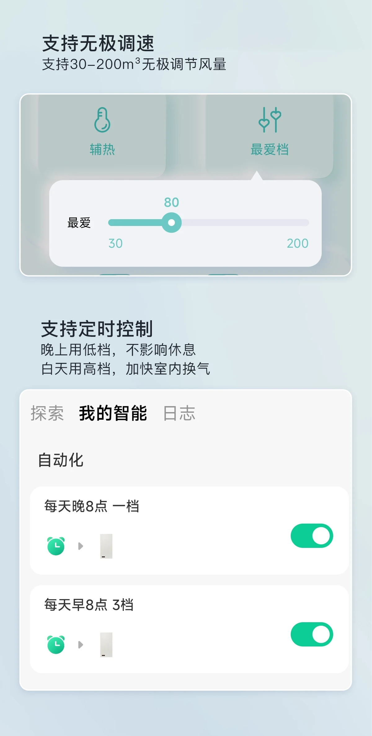 米家最爱档风量滑块与辅热入口,原始界面示例